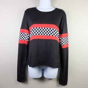 rue21 Black Checkerboard Detail Long Sleeve Top Size Large